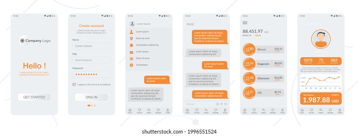 Design of mobile app Cryptocurrency wallet, Chat room, UI, UX, GUI. Set of user registration screens with login and password input, account sign in, sign up, home page. Template Application. UI Design