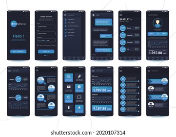 Design der mobilen App Cryptowährung Geldbörse, Chat-Raum, UI, UX, GUI. Set. Benutzeranmeldungsbildschirme mit Login- und Passworteingabe, Anmeldung, Anmeldung, Startseite. Vorlagenanwendung. UI-Design