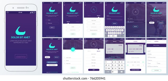 Design Mobile App login. UI, UX and GUI layout. Set of user registration screens, account sign in, sign up . Screen with the input of bank card data for mobile apps and Responsive Website.
