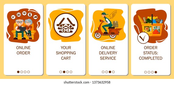 Design of mobile app to onboarding screens. Online order service, food delivery, order grocery in online store. Menu vector banner template for website and mobile development. Flat vector style
