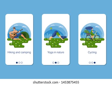 Design of mobile app to onboarding screens. Set of mobile app page, screen set on active summer holidays theme in the city. Happy people riding bicycle, do yoga in nature, go hiking. 