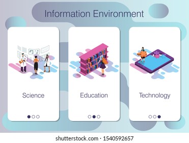 Design of mobile app to onboarding screens. Set of mobile app pages of information environment  about  education, science, technology. scientists, students and digital devices. Vector isometric
