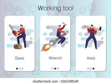 Design of mobile app to onboarding screens. Set of mobile app pages of online store about sale of working tools. Saws, wrench, axes for woodmans, builders, craftsmen. Flat cartoon vector illustration.