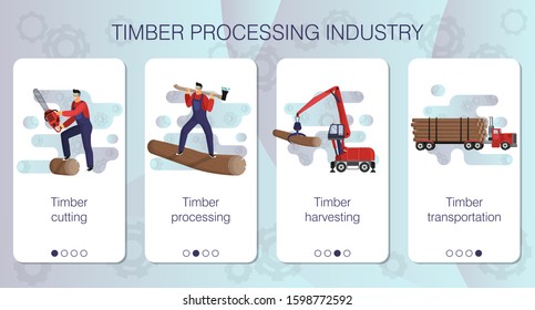 Design of mobile app to onboarding screens. Set of web pages about timber logging, loading and transportation. Special equipment for logging. Timber handling machine and timber carrying vessel