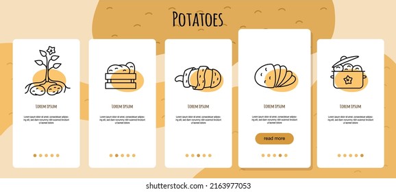 Diseñar aplicación móvil para pedir o cultivar papa fresca. Servicio de entrega de verduras. Concepto de huerta de patatas. Dibujo vectorial plano de dibujos animados.