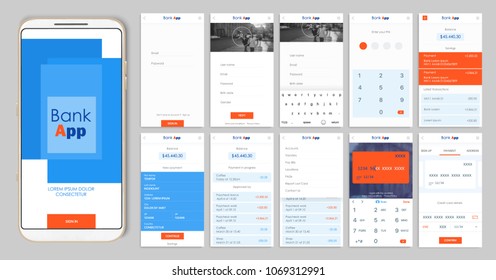 Design Of The Mobile App UI, UX. A Set Of GUI Screens For Mobile Banking With Login And Password Input, Home Page, Payment Information, Ratings And Statistics, Settings, Payment Screens And Bank Cards