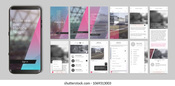 Design of mobile app, UI, UX, GUI. Set of user registration screens, account sign in, sign up, home page, news search, concept chat Messenger and settings