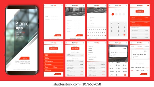Design of the mobile app UI, UX. A set of GUI screens for mobile banking and bitcoin exchange with login and password input, home page, payment information, ratings and statistics