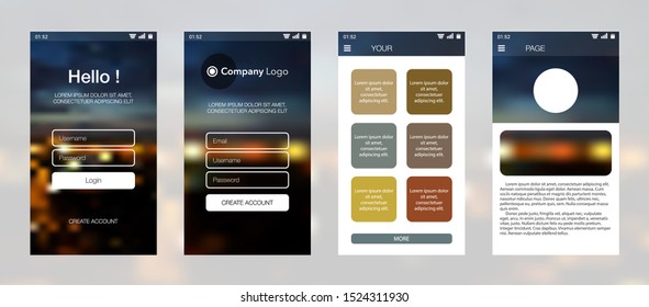 Design of mobile app, UI, UX, GUI. Set of user registration screens with login and password input, account sign in, sign up, home page. Modern Style. Minimal Application. UI Design Template. Interface