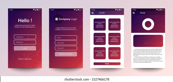 Design of mobile app, UI, UX, GUI. Set of user registration screens with login and password input, account sign in, sign up, home page. Modern Style. Minimal Application. UI Design Template. Interface