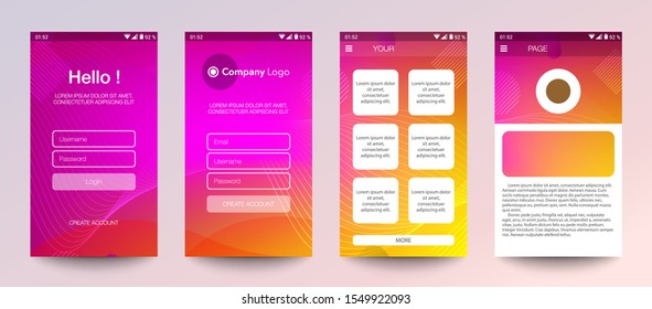 Design der mobilen App, UI, UX, GUI. Set von Benutzerregistrierungsbildschirmen mit Login- und Passworteingabe, Anmeldung, Anmeldung, Startseite. Moderner Stil. Minimale Anwendung. Design-Vorlage für die Benutzeroberfläche. Schnittstelle