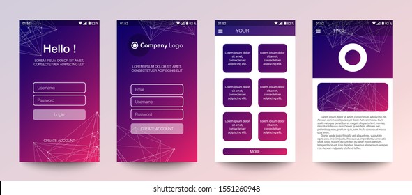 Design of mobile app, UI, UX, GUI. Set of user registration screens with login and password input, account sign in, sign up, home page. Modern Style. Minimal Application. UI Design Template. Interface