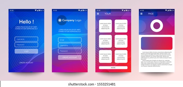 Design of mobile app, UI, UX, GUI. Set of user registration screens with login and password input, account sign in, sign up, home page. Modern Style. Minimal Application. UI Design Template. Interface