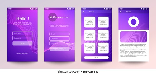 Design of mobile app, UI, UX, GUI. Set of user registration screens with login and password input, account sign in, sign up, home page. Modern Style. Minimal Application. UI Design Template. Interface