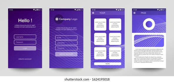 Design of mobile app, UI, UX, GUI. Set of user registration screens with login and password input, account sign in, sign up, home page. Modern Style. Minimal Application. UI Design Template. Interface