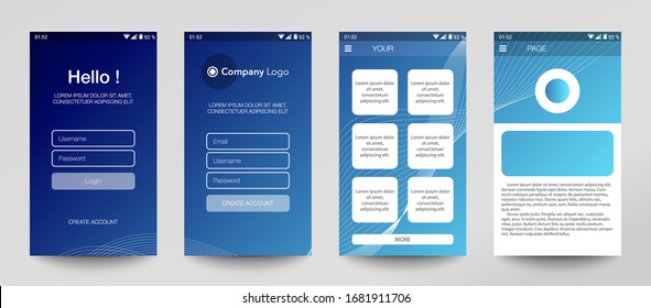 Design of mobile app, UI, UX, GUI. Set of user registration screens with login and password input, account sign in, sign up, home page. Modern Style. Minimal Application. UI Design Template. Interface