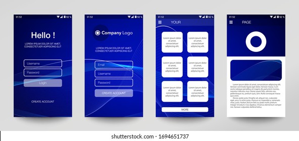 Design of mobile app, UI, UX, GUI. Set of user registration screens with login and password input, account sign in, sign up, home page. Modern Style. Minimal Application. UI Design Template. Interface