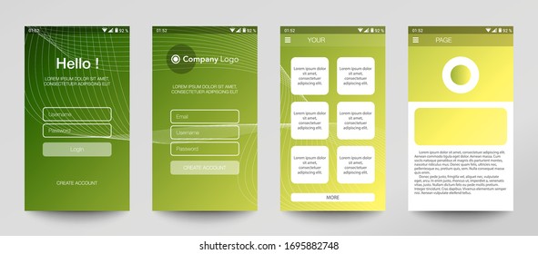 Design of mobile app, UI, UX, GUI. Set of user registration screens with login and password input, account sign in, sign up, home page. Modern Style. Minimal Application. UI Design Template. Interface