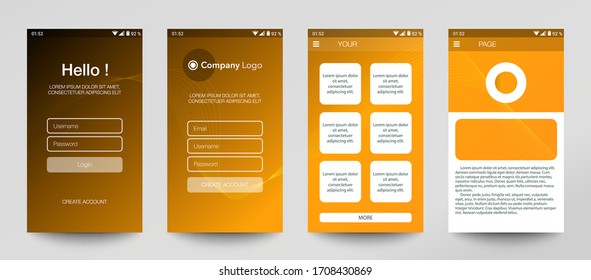 Diseño de aplicaciones móviles, UI, UX, GUI. Conjunto de pantallas de registro de usuarios con entrada de usuario y contraseña, inicio de sesión de cuenta, registro, página principal. Estilo moderno. Aplicación mínima. Plantilla de diseño de UI. Interfaz