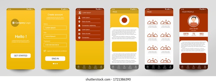 Design of mobile app, UI, UX, GUI. Set of user registration screens with login and password input, account sign in, sign up, home page. Modern Style. Minimal Application. UI Design Template. Interface