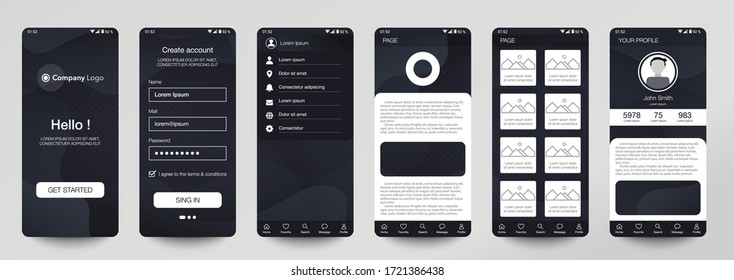 Design of mobile app, UI, UX, GUI. Set of user registration screens with login and password input, account sign in, sign up, home page. Modern Style. Minimal Application. UI Design Template. Interface svg