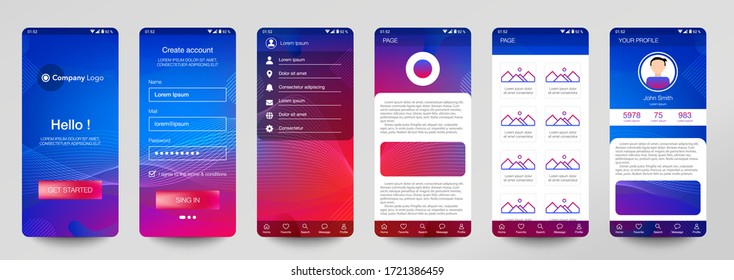 Design of mobile app, UI, UX, GUI. Set of user registration screens with login and password input, account sign in, sign up, home page. Modern Style. Minimal Application. UI Design Template. Interface