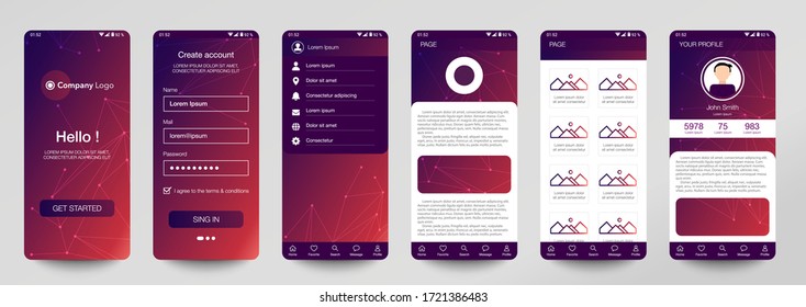 Design of mobile app, UI, UX, GUI. Set of user registration screens with login and password input, account sign in, sign up, home page. Modern Style. Minimal Application. UI Design Template. Interface