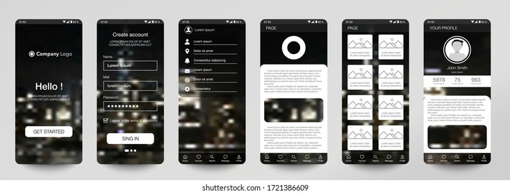 Design der mobilen App, UI, UX, GUI. Set von Benutzerregistrierungsbildschirmen mit Login- und Passworteingabe, Anmeldung, Anmeldung, Startseite. Moderner Stil. Minimale Anwendung. Design-Vorlage für die Benutzeroberfläche. Schnittstelle