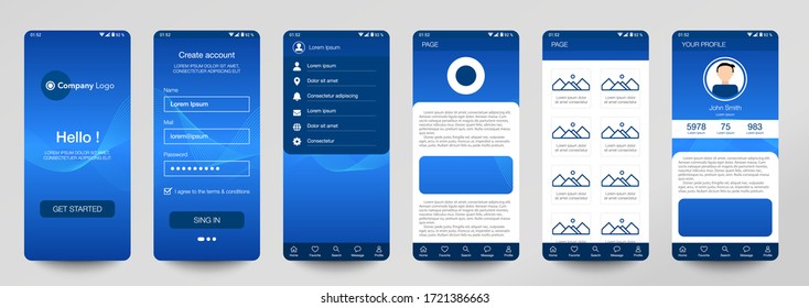 Design der mobilen App, UI, UX, GUI. Set von Benutzerregistrierungsbildschirmen mit Login- und Passworteingabe, Anmeldung, Anmeldung, Startseite. Moderner Stil. Minimale Anwendung. Design-Vorlage für die Benutzeroberfläche. Schnittstelle