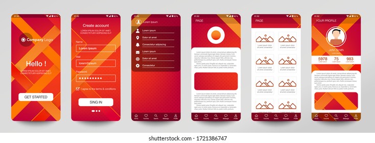 Design of mobile app, UI, UX, GUI. Set of user registration screens with login and password input, account sign in, sign up, home page. Modern Style. Minimal Application. UI Design Template. Orange