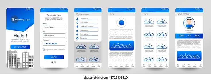 Design of mobile app, UI, UX, GUI. Set of user registration screens with login and password input, account sign in, sign up, home page. Modern Style. Minimal Application. UI Design Template. Interface