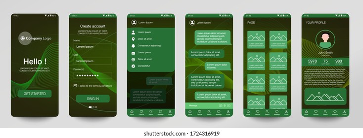 Design of mobile app, UI, UX, GUI. Set of user registration screens with login and password input, account sign in, sign up, chat room, home page. Modern Style. Minimal Application. UI Design Template