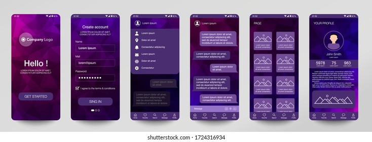 Design of mobile app, UI, UX, GUI. Set of user registration screens with login and password input, account sign in, sign up, chat room, home page. Modern Style. Minimal Application. UI Design Template