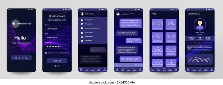 Design of mobile app, UI, UX, GUI. Set of user registration screens with login and password input, account sign in, sign up, chat room, home page. Modern Style. Minimal Application. UI Design Template