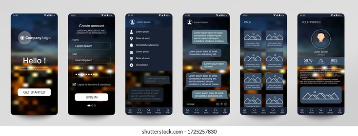 Design of mobile app, UI, UX, GUI. Set of user registration screens with login and password input, account sign in, sign up, chat room, home page. Modern Style. Minimal Application. UI Template. City