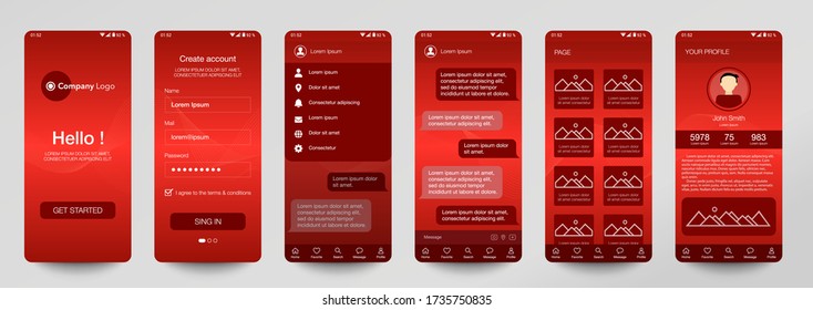 Design of mobile app, UI, UX, GUI. Set of user registration screens with login and password input, account sign in, sign up, chat room, home page. Modern Style. Minimal Application. Template. Red