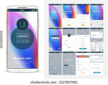 Design of mobile app, UI, UX, GUI. Set of user registration screens, account sign in, sign up, home page, news search, concept chat Messenger and settings