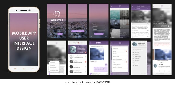 Design of mobile app, UI, UX, GUI. Set with a welcome window, registration, home page, news search, concept chat Messenger and settings