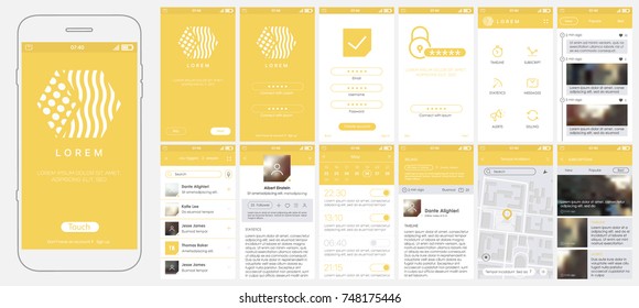 Design of mobile app, UI, UX, GUI. Set with a welcome window, registration, home page, news search, concept chat Messenger and settings