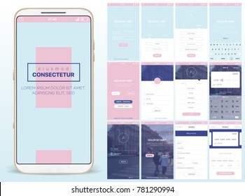 Design of mobile app, UI, UX, GUI. Set of user registration screens, account sign in, sign up, home page, news search, concept chat Messenger and settings