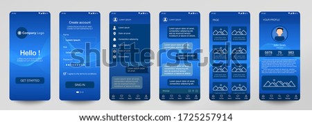 Design of mobile app, UI, UX, GUI. Set of user registration screens with login and password input, account sign in, sign up, chat room, home page. Modern Style. Minimal Application. UI Template. Blue