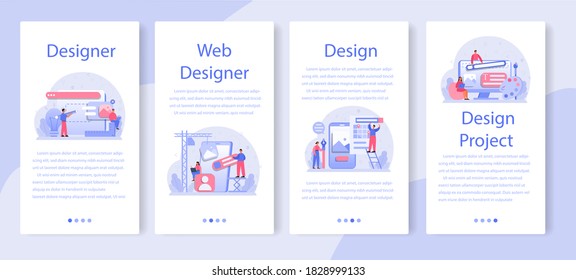 Diseñar conjunto de banners de aplicaciones móviles. Diseño gráfico, web, de impresión. Dibujo digital con herramientas y equipos electrónicos. Concepto de creatividad. vector de ilustración plana