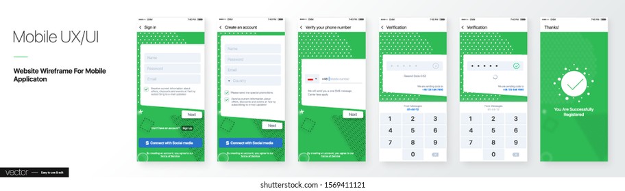 Design of a Mobile Application and Site, UI. Set of GUI Screens with Login and Password input, Phone number Verification. Vector Mockup