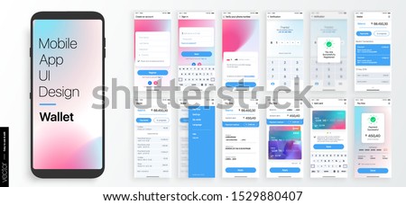 Design of a Mobile Application and Site, UI. Set of GUI Screens with Login and Password input, showing the Card, balance and payments interface. Vector Mockup