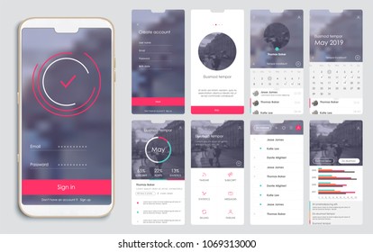 Design of the mobile application, UI, UX. A set of GUI screens with login and password input, home page, news feed, rating and statistics, settings and payment screens.