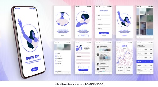 Design of the mobile application, UI, UX. A set of GUI screens with login and password input, home page, news feed, rating and statistics, settings and payment screens.