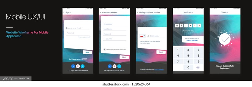 Design of the Mobile Application, UI, UX. Set of GUI Screens with Login and Password input, and Phone Verification. Black Theme
