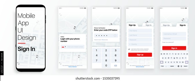 Design of the Mobile Application UI, UX. Set of GUI Screens with Login and Password input, Sign In and Sign Up
