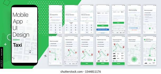 Design of the Mobile Application, UI, UX. Set of GUI Screens with Login and Password input, and screens with Taxi Orders and Car Navigation in the City