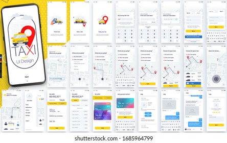 Design of the Mobile Application, UI, UX. Set of GUI Screens Taxi App with Login and Password input, and screens with Taxi Orders and Car Navigation in the City
